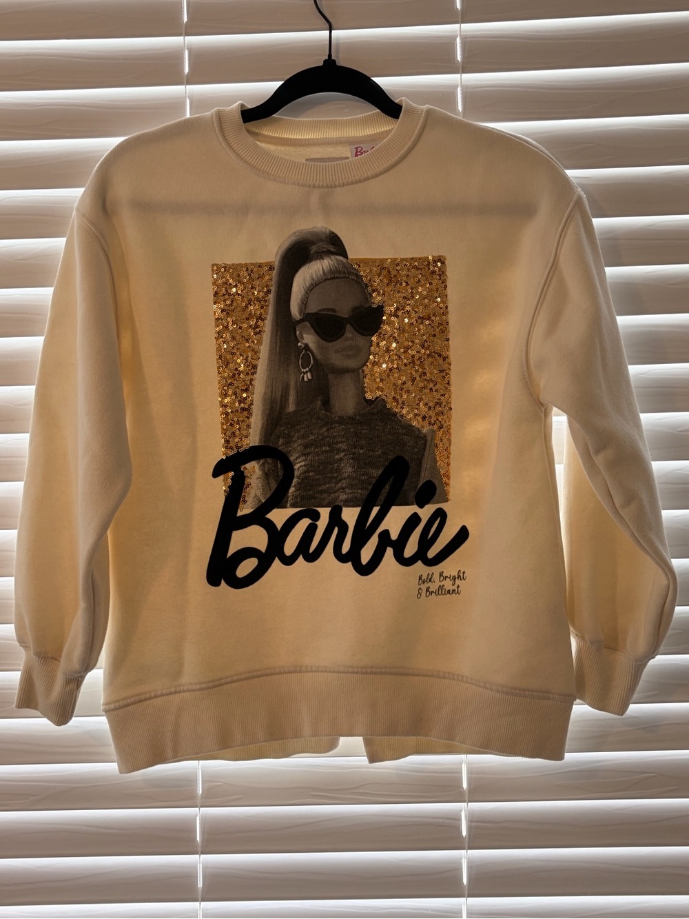 Barbie White Crewneck Sweatshirt with Gold Sequin Panel